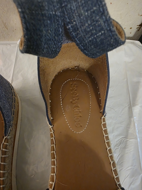 See by Chloe Floral Denim Ankle Strap Espadrilles Platform  See By Chloe Denim Blue Floral Espadrille Wedges with Ankle Strap